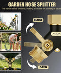 Heavy Duty Garden Hose Splitter 2 Way With Metal Body And Aluminum Build TPR Coated For Tough Outdoor Use UV Resistant Water Splitter No Fuss Easy Install Built To Last For Lawn And Garden Tasks, black and gold close-open valve