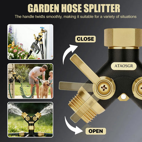 Heavy Duty Garden Hose Splitter 2 Way With Metal Body And Aluminum Build TPR Coated For Tough Outdoor Use UV Resistant Water Splitter No Fuss Easy Install Built To Last For Lawn And Garden Tasks, black and gold close-open valve