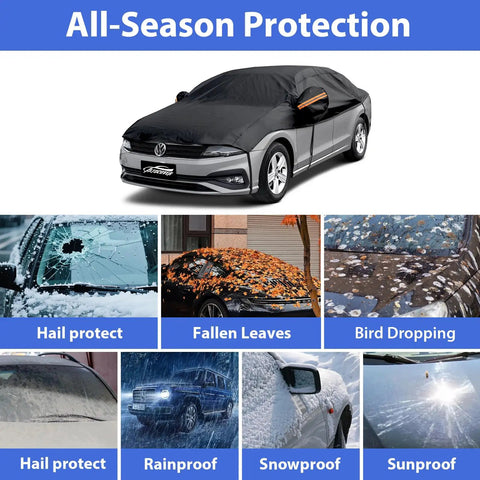 Half Car Cover For SUVs With Cotton Liner Hail Protector showcasing protection from hail, leaves, rain, snow, and sun on large SUV L.