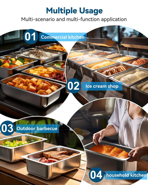 8 Pack Hotel Pans With Lids, One Third Size 6 Inch Deep Stainless Steel Steam Table Pans in various kitchen settings