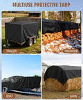 Heavy Duty Built Tough 20 Mil Waterproof Tarp 6.5x7 Ft Black Tarpaulin With Reinforced Webbing Loops Multipurpose Oxford Fabric Cover For Firewood Roof Camping Pool And Outdoor Gear Weatherproof Shield covering trailer, firewood, boat, and barn