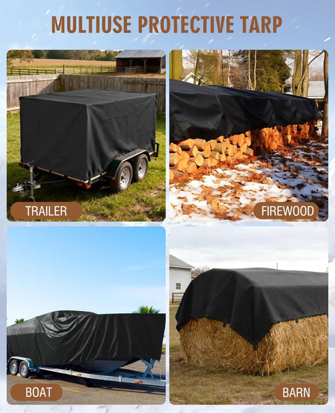 Heavy Duty Built Tough 20 Mil Waterproof Tarp 6.5x7 Ft Black Tarpaulin With Reinforced Webbing Loops Multipurpose Oxford Fabric Cover For Firewood Roof Camping Pool And Outdoor Gear Weatherproof Shield covering trailer, firewood, boat, and barn