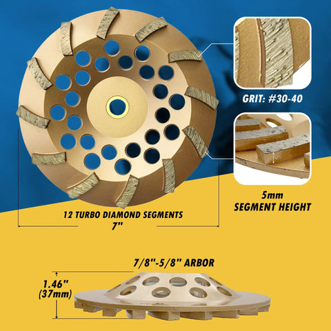 Seven Inch Diamond Grinding Wheel for Concrete and Masonry, 12 Turbo Segments, Medium Bond, 30 to 40 Grit, Seven Eighths Inch to Five Eighths Inch Arbor, Wet or Dry Use, Fast Cut, Heavy Duty Surface Prep and Leveling for Handheld Angle Grinders