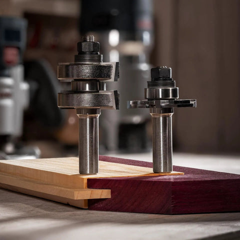 One And Three Quarter Inch Adjustable Tongue And Groove Router Bit Set Pro Grade With Seven Eighths Inch Bearing And Half Inch Shank