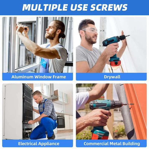 Multiple use screws displayed in aluminum window frame, drywall, electrical appliance, and commercial metal building settings