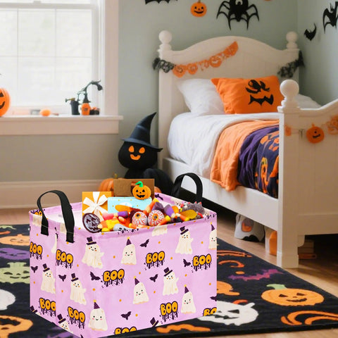Lowkey Spooky Purple Ghost Storage Basket With Heavy Duty Cotton Linen Handles Dope Collapsible Organizer For Halloween Candy Toys in a bedroom.