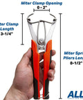 Big Hand Friendly Miter Spring Clamp Pliers With 16 Clamps And 8 Inch Long Handles shown in hand with 0-2 inch opening.