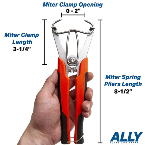 Big Hand Friendly Miter Spring Clamp Pliers With 16 Clamps And 8 Inch Long Handles shown in hand with 0-2 inch opening.