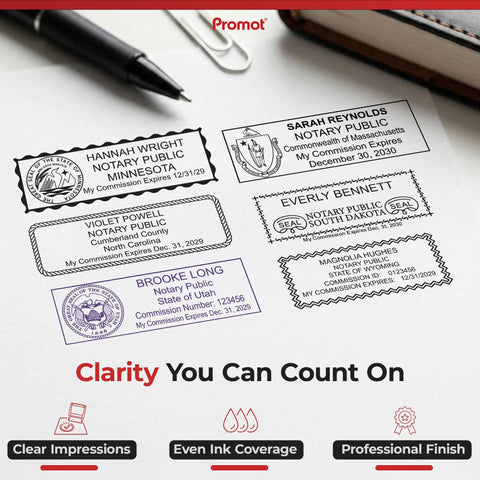 State Specific Self Inking Notary Stamp For All States With Crisp Clear Impressions on paper showing clear impressions.