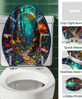 Elongated Decorative Resin Toilet Seat for Bathroom with colorful mushroom forest design, stainless steel hinge, and grip-tight bumpers.