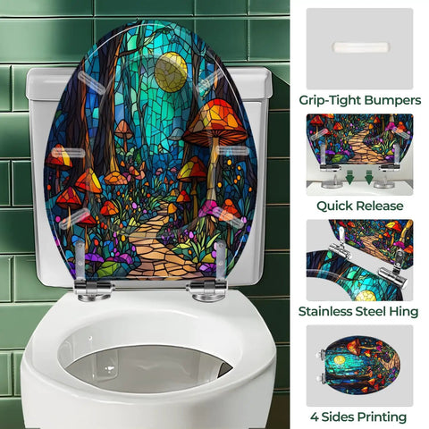 Elongated Decorative Resin Toilet Seat for Bathroom with colorful mushroom forest design, stainless steel hinge, and grip-tight bumpers.