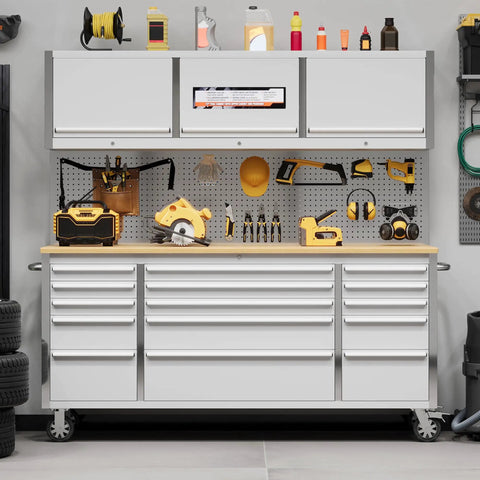 Heavy Duty 61 Inch Tool Chest Cabinet With 15 Drawers, Mobile Garage Workbench, Rubber Wood Top, Power Strip, 1675 Lbs Capacity, Rolling Tool Storage Organizer For Mechanic, Shop Or Home Use.