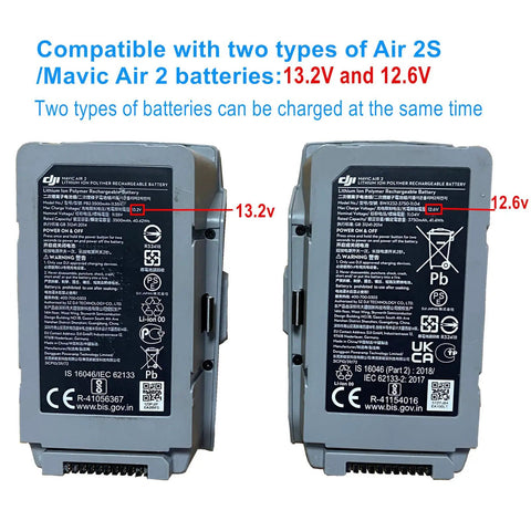 Air 2S Mavic Air 2 Battery Charger Hub 5 In 1 Rapid Parallel Charger With Wall And Car Adapters for DJI battery types showing 13.2V and 12.6V