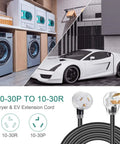 Heavy Duty 3 Prong Dryer Extension Cord 30 Amp NEMA 10-30P To 10-30R With Lighted End, 10 Feet, 125/250V next to dryer and car.