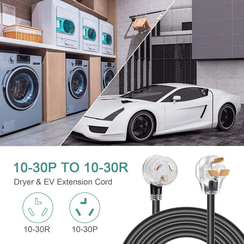 Heavy Duty 3 Prong Dryer Extension Cord 30 Amp NEMA 10-30P To 10-30R With Lighted End, 10 Feet, 125/250V next to dryer and car.