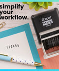 Hella Durable Self Inking Rubber Number Stamp Featuring Adjustable Six Digit Bands With Rich Black Ink on office supplies with notepad and pen.