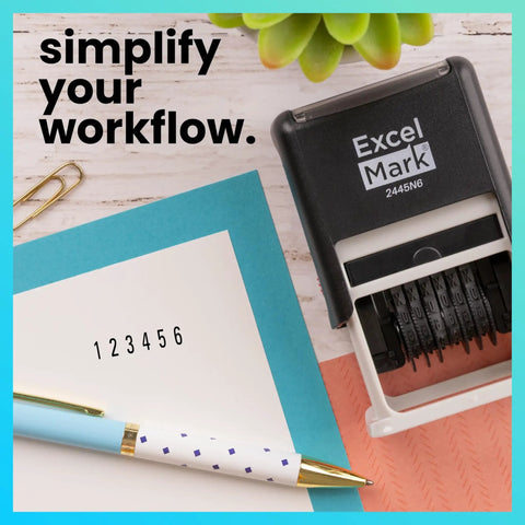 Hella Durable Self Inking Rubber Number Stamp Featuring Adjustable Six Digit Bands With Rich Black Ink on office supplies with notepad and pen.