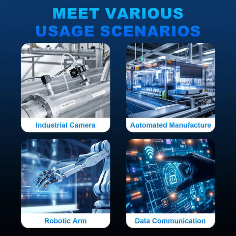 Various industrial use scenarios for M12 A Code 5 Pin Male To 5 Pin Female Waterproof Connector Cable, including cameras and automation.