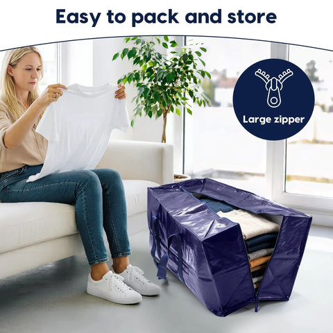 Woman packing clothes into Six Pack Heavy Duty Moving Bags 210GSM With Full Open Side Zipper 93L Waterproof Foldable Storage Totes