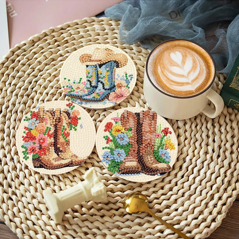 8 Pcs Cowboy Boots Diamond Art Coaster Kit For Adults Beginners Diy Craft Lovers With Holder Cork Pads Diamond Painting Pen Tray Glue And Extra Diamonds Floral Pattern Coasters For Home And Holiday Decor