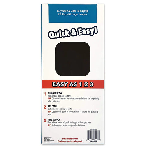 Back packaging of Leather Repair Patch Kit Brown 14 By 6 Inches Realistic Self Adhesive Faux Leather Patches For Couch Sofa Upholstery Car Seats And Other Furniture Vinyl Seat Repair, showing easy instructions.