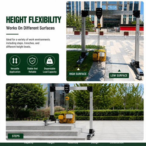 Straight Up Adjustable Aluminum Gantry Crane Kit With Manual Chain Hoist For Heavy Lifting Gear Moves And Quick Engine Swaps Without Breaking A Sweat In Your Garage Or Professional Shop, shown on different surfaces.