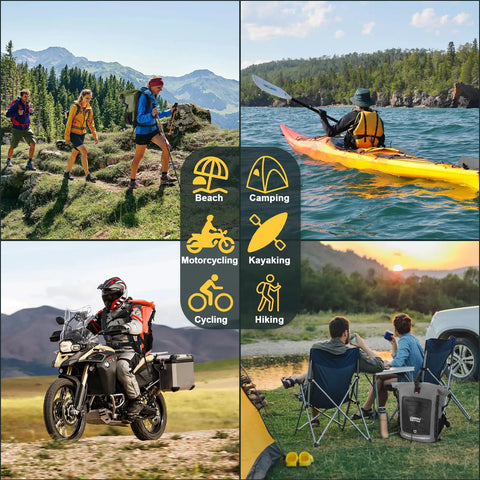 People adventuring with Waterproof Dry Bag Backpack 35L 55L 85L for kayaking, hiking, motorcycling, and camping in nature landscapes.