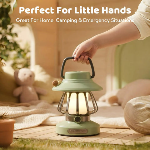 Rechargeable Kid Friendly Lantern Night Light With Dimmable 3 Color LEDs in child's hand on a cozy bed