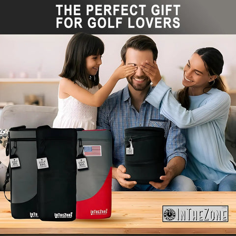 Family enjoying Hidden Golf Bag Cooler With Ice Pack Insulated Six Can Beer Sleeve Keeps Drinks Cold For Hours Fits Neatly Inside Your Golf Bag Black And Gray Discreet Design For Quiet Tee Times And Casual Rounds in living room.