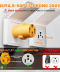 Heavy Duty Nema 6-50P To 14-50R EV Charger Adapter For 50Amp 250V three prong plug shown with outlet compatibility details.
