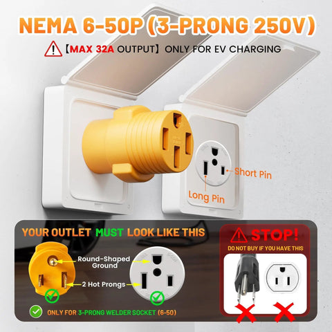 Heavy Duty Nema 6-50P To 14-50R EV Charger Adapter For 50Amp 250V three prong plug shown with outlet compatibility details.
