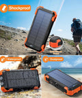 Solar Charger Power Bank 42800mAh with built-in cables, USB C, LED flashlight; shockproof, waterproof; orange, outdoor use