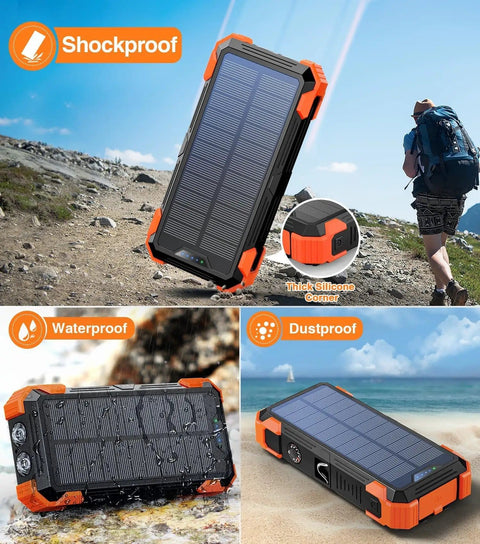 Solar Charger Power Bank 42800mAh with built-in cables, USB C, LED flashlight; shockproof, waterproof; orange, outdoor use