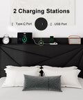 Queen Size Upholstered Bed Frame With Built In Charging Station, Black Linen Platform Bed Featuring spacious wingback storage headboard with USB and Type-C ports.