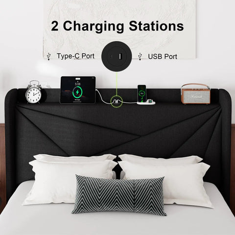 Queen Size Upholstered Bed Frame With Built In Charging Station, Black Linen Platform Bed Featuring spacious wingback storage headboard with USB and Type-C ports.