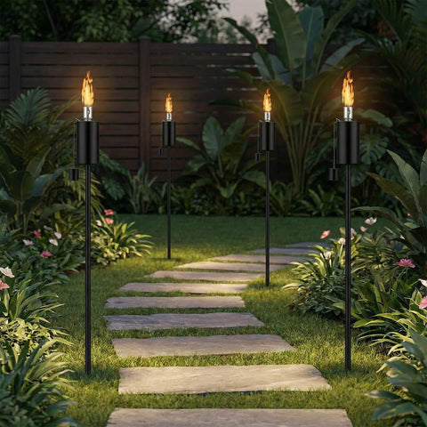 55 Inch Outdoor Oil Torch Lamps Four Pack Rustproof Stainless Steel Citronella Torches For Chill Patio Garden Backyard