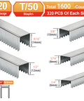Kickass Pro Grade T50 Staple Gun Staples For Upholstery And Furniture Repair Features Five Assorted Sizes with 20 gauge galvanized steel side by side.