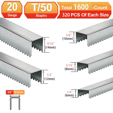 Kickass Pro Grade T50 Staple Gun Staples For Upholstery And Furniture Repair Features Five Assorted Sizes with 20 gauge galvanized steel side by side.
