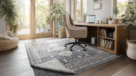 Home office with a rug exposing an 8x10 Luxury Non Slip Rug Pad With Dual Surface Felt And Rubber Gripper One Quarter Inch Thick Cushion.