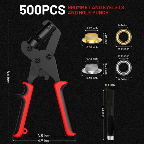 3/8-Inch Grommet Kit With Handheld Eyelet Pliers, 500 Eyelets, 250 Brass And 250 Silver, Plus Tool Bag, dimensions shown