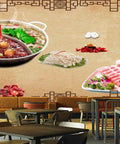 High Definition 3D Wall Covering Showcasing A Flavorful Meat Herb Roll Spice Print To Seriously Level Up Your Cafe Or Restaurant Digs With Bold Commercial Style And A Fresh Vibe Across A Generous 17 By 16 Foot Surface featuring a hot pot and fresh ingredients in a cafe setting.