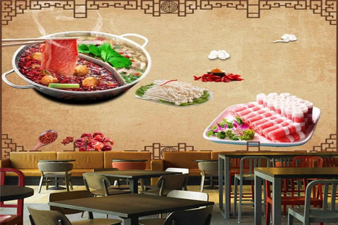 High Definition 3D Wall Covering Showcasing A Flavorful Meat Herb Roll Spice Print To Seriously Level Up Your Cafe Or Restaurant Digs With Bold Commercial Style And A Fresh Vibe Across A Generous 17 By 16 Foot Surface featuring a hot pot and fresh ingredients in a cafe setting.