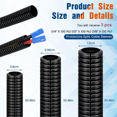 Product size details of Split Wire Loom Tubing Assortment With One Quarter Inch Three Eighths Inch And One Half Inch Inner Diameters 300 Foot.