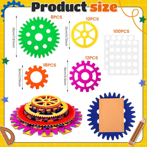 Colorful Gear Shaped Felt Decor Mats Set Of 48 In Four Sizes 3.1, 4.7, 6.2 And 7.8 Inches displayed in various colors