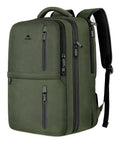 Green carry on travel laptop backpack for airlines personal item with shoe compartment, water resistant, 17 inch fit, side view.