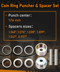 Solid Coin Ring Center Punch Kit With Six Interchangeable Spacer Rings Fits Silver Quarters Golden Dollars And Flat Metal Blanks, detailed view of spacers and punch center.