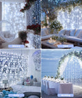 200 LED White Curtain Lights With Remote For 6.5 Ft By 6.5 Ft Window Backdrop USB Powered 8 Modes Totally Perfect For Bedroom Wall Wedding Party Decor And Seasonal Holiday Backdrops displayed in various settings.