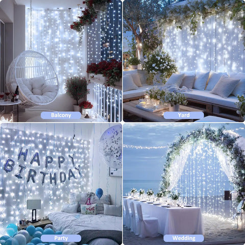200 LED White Curtain Lights With Remote For 6.5 Ft By 6.5 Ft Window Backdrop USB Powered 8 Modes Totally Perfect For Bedroom Wall Wedding Party Decor And Seasonal Holiday Backdrops displayed in various settings.