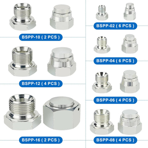 56 Piece BSPP Hydraulic Hose Caps And Plugs Kit for Sizes 2 4 6 8 10 12 16 in galvanized steel, showcasing various sizes.