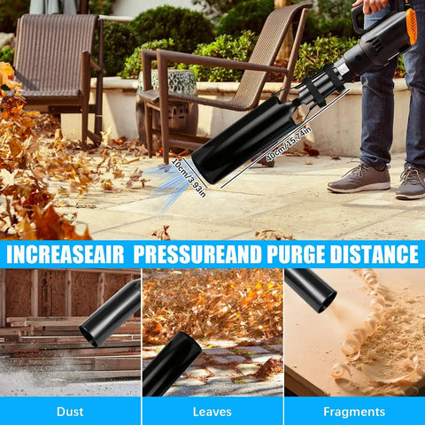 Turbo Leaf Blower Air Booster Kit with High Flow Nozzle Extension used for yard cleanup of leaves and debris on driveway
